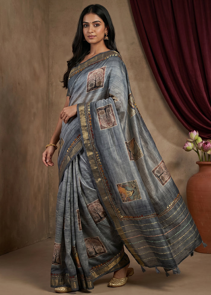 Grey Tussar Silk Saree With Blouse Piece