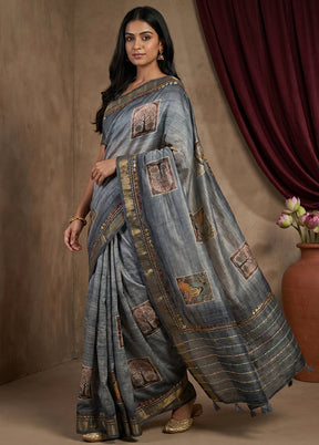Grey Tussar Silk Saree With Blouse Piece