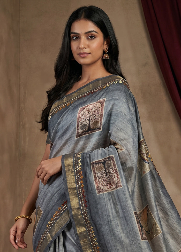 Grey Tussar Silk Saree With Blouse Piece