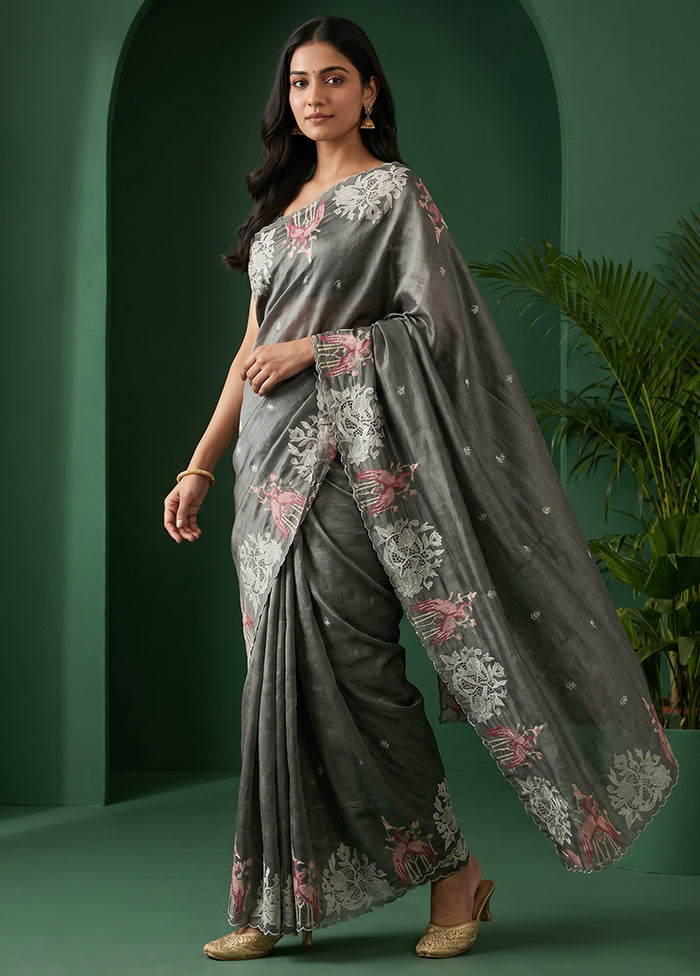 Grey Tussar Silk Saree With Blouse Piece