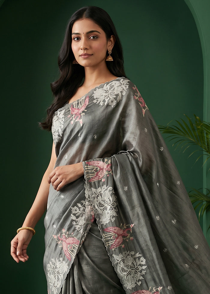 Grey Tussar Silk Saree With Blouse Piece
