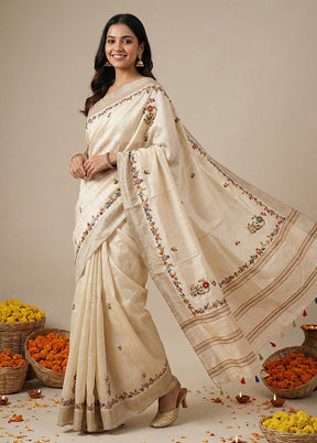Cream Tussar Silk Saree With Blouse Piece