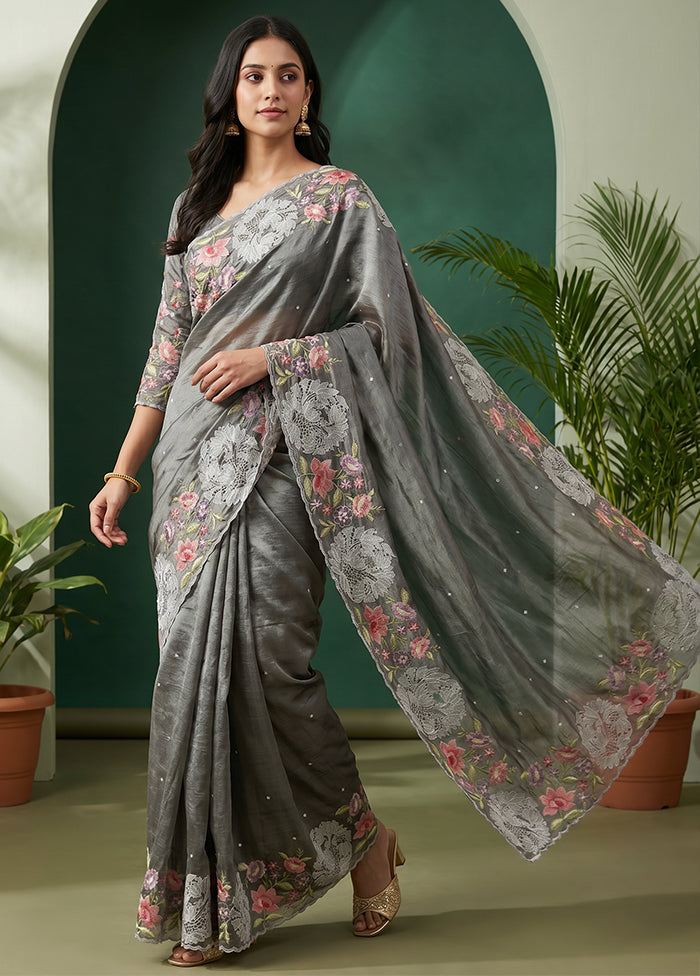 Grey Tussar Silk Saree With Blouse Piece