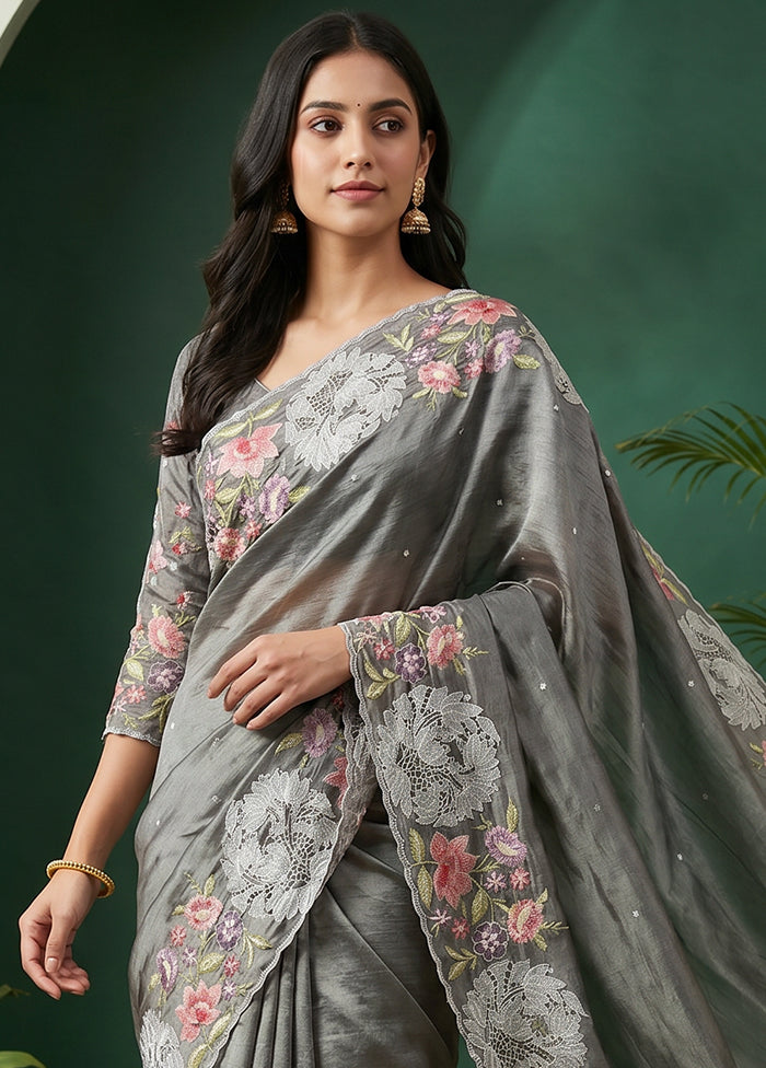 Grey Tussar Silk Saree With Blouse Piece