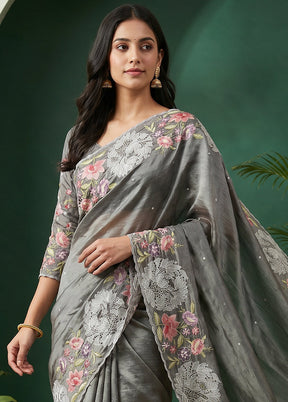Grey Tussar Silk Saree With Blouse Piece