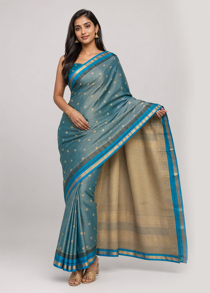 Blue Kanjivaram Silk Saree With Blouse Piece