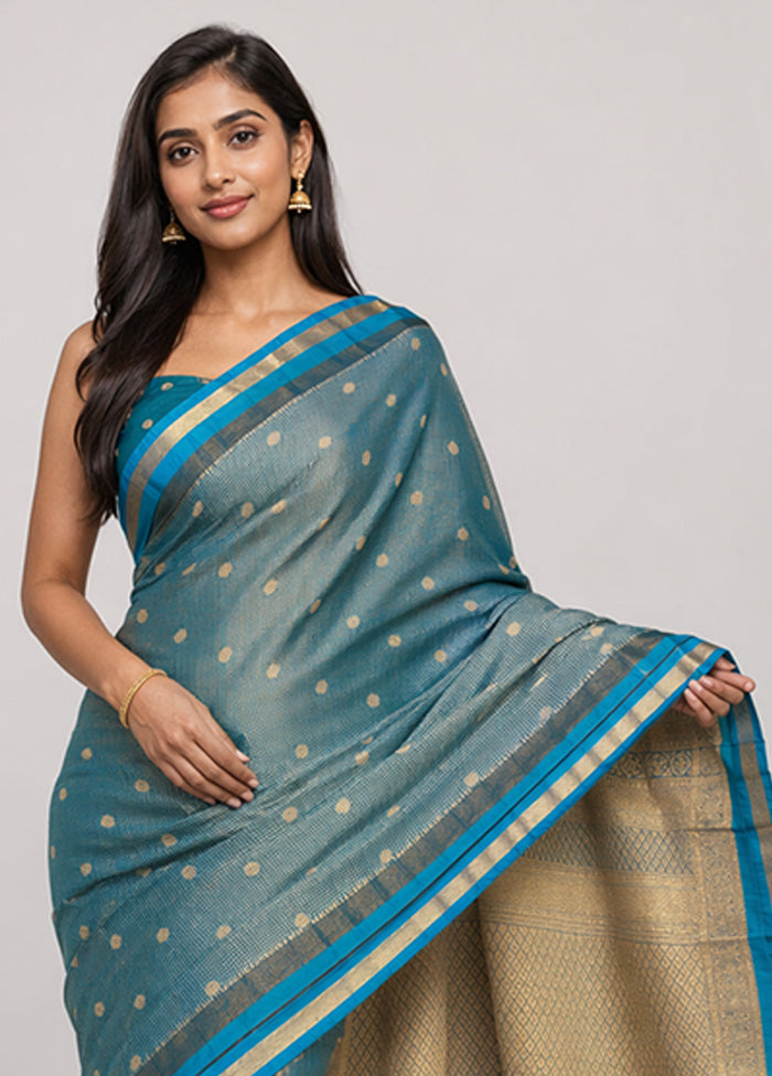 Blue Kanjivaram Silk Saree With Blouse Piece