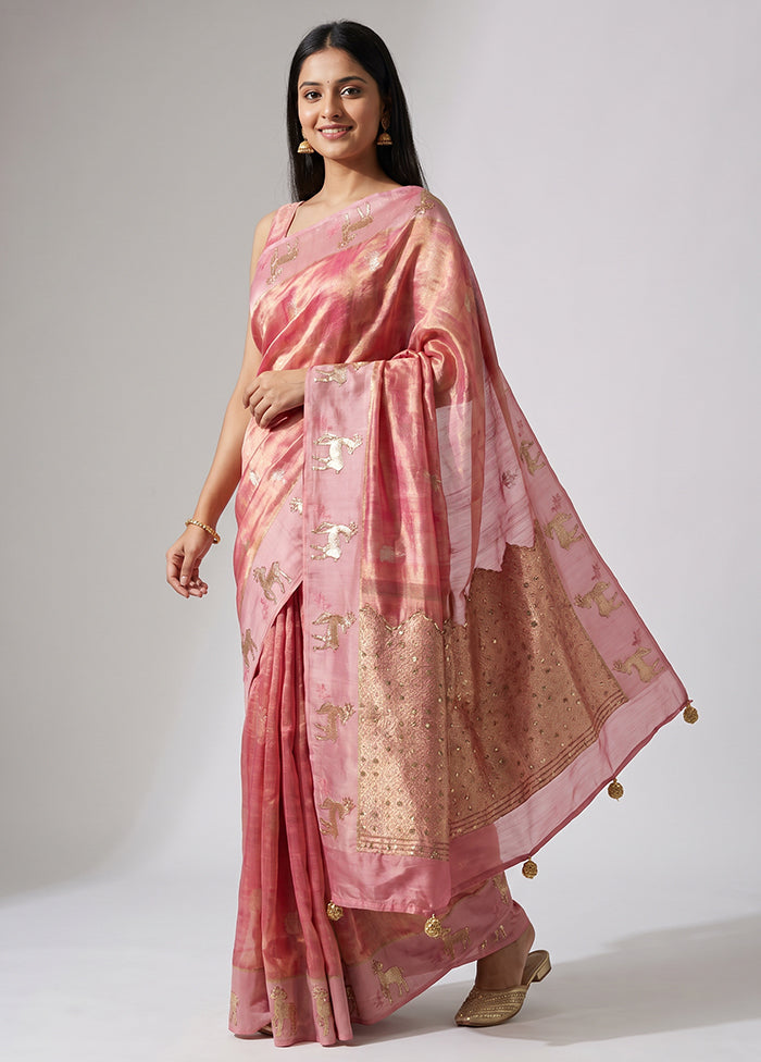 Pink Handloom Pure Georgette Saree With Blouse Piece