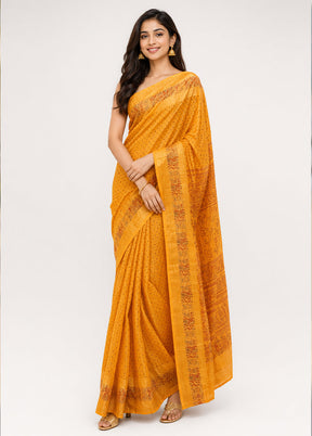 Yellow Printed Pure Silk Saree Without Blouse Piece
