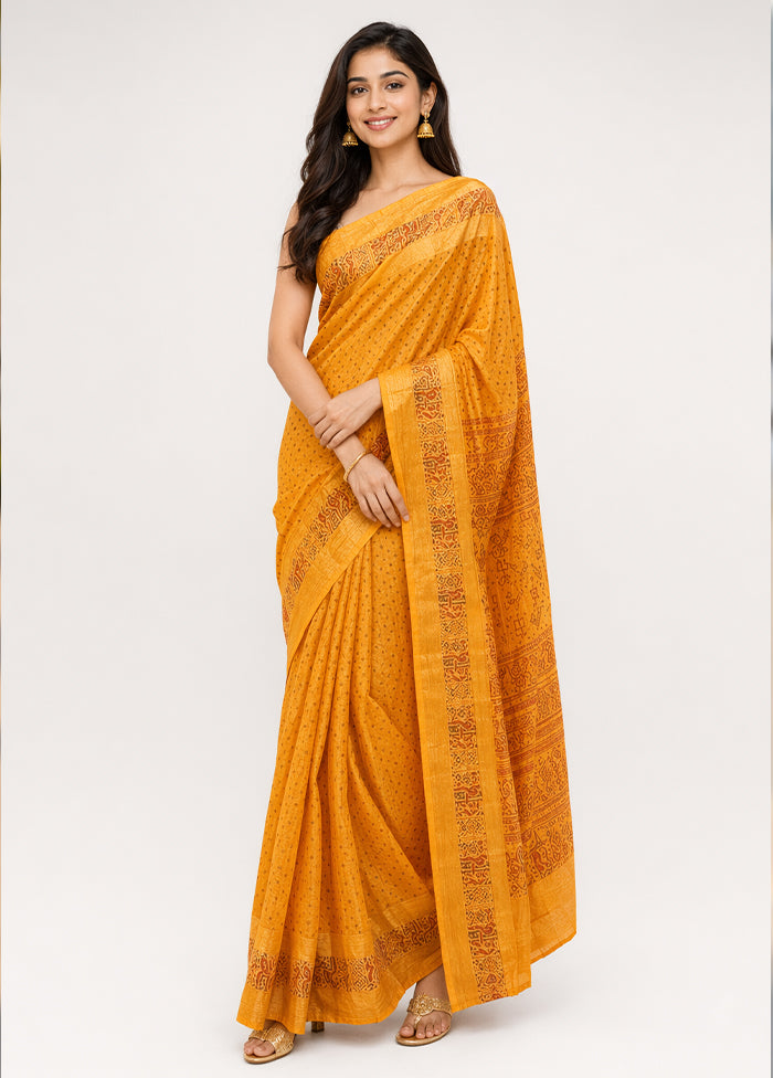 Yellow Printed Pure Silk Saree Without Blouse Piece