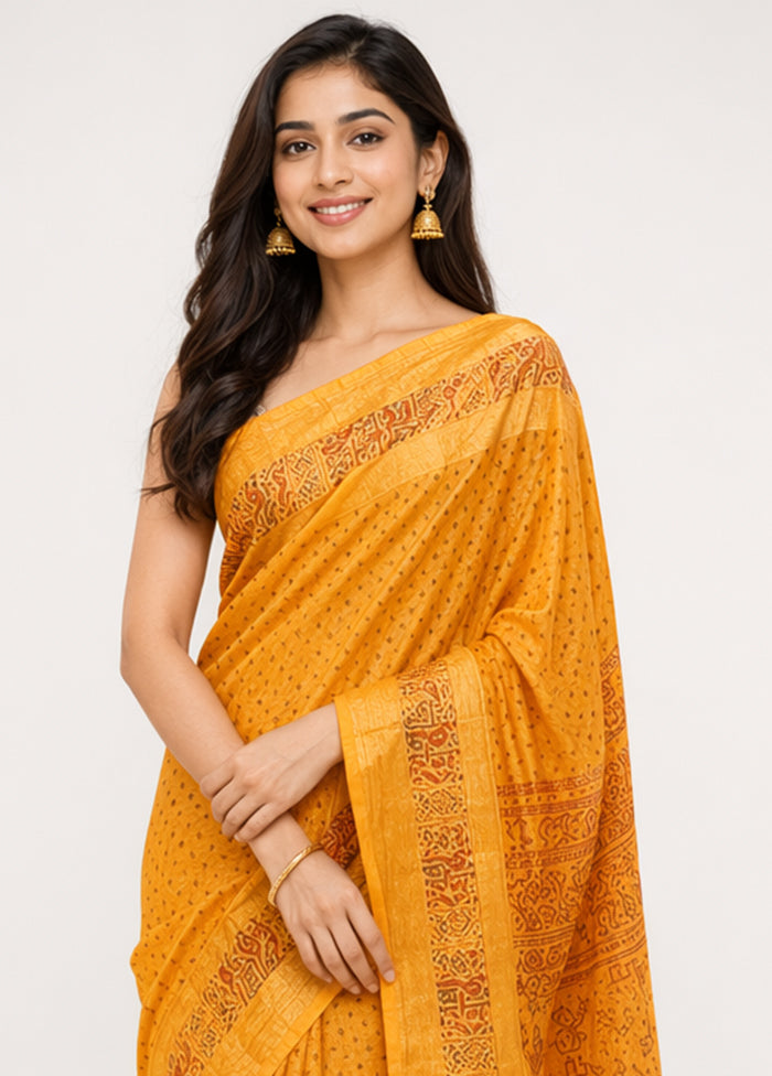 Yellow Printed Pure Silk Saree Without Blouse Piece
