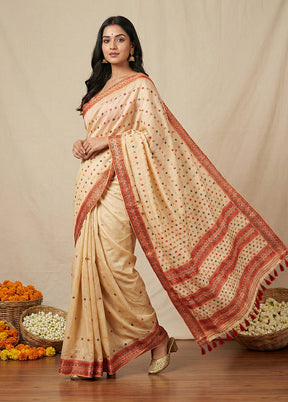 Cream Assam Silk Saree With Blouse Piece