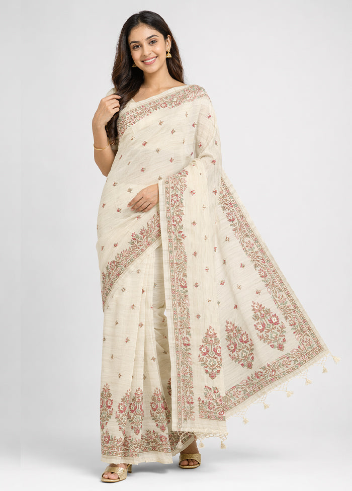 Cream Pure Cotton Saree With Blouse Piece