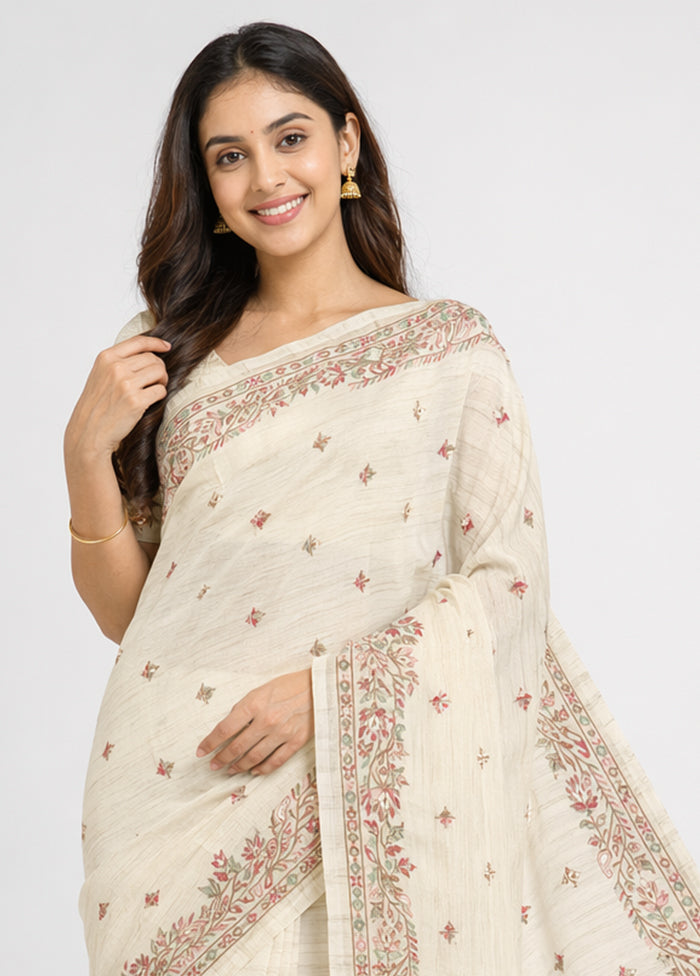 Cream Pure Cotton Saree With Blouse Piece