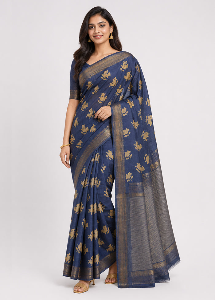 Blue Tussar Silk Saree With Blouse Piece