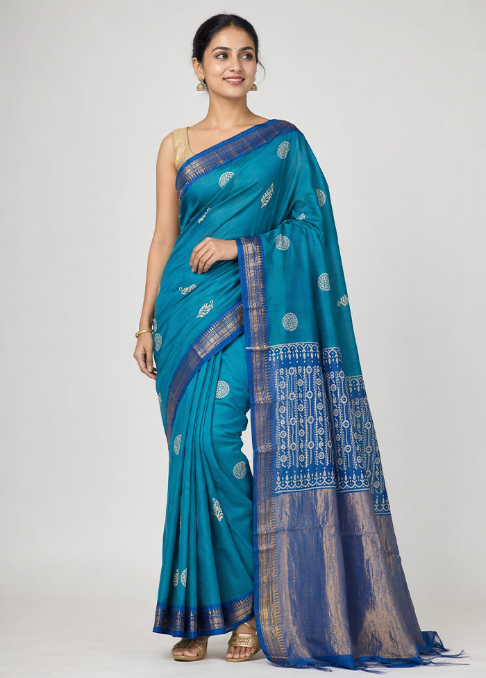 Blue Tussar Silk Saree With Blouse Piece