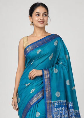 Blue Tussar Silk Saree With Blouse Piece