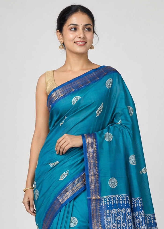 Blue Tussar Silk Saree With Blouse Piece
