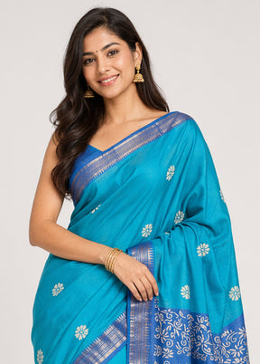 Blue Tussar Silk Saree With Blouse Piece