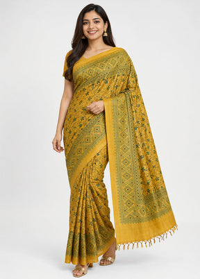 Brown Handloom Kantha Stitch Pure Silk Saree With Blouse Piece