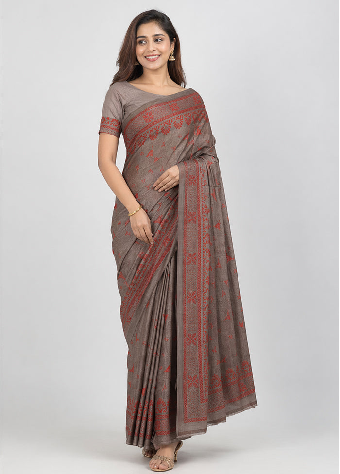 Red Handloom Kantha Stitch Pure Silk Saree With Blouse Piece