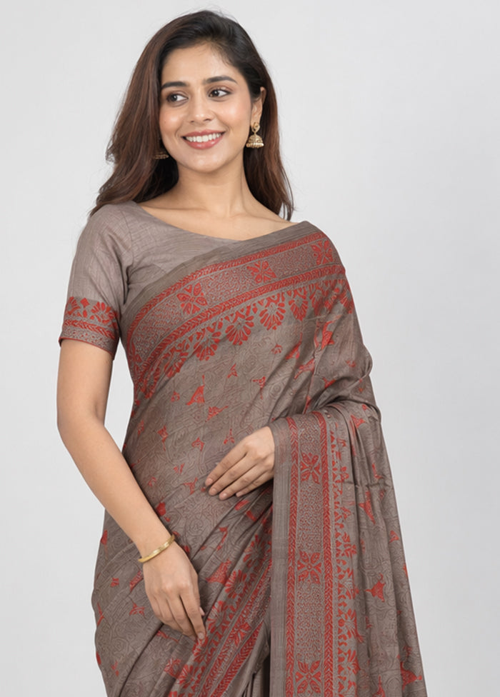 Red Handloom Kantha Stitch Pure Silk Saree With Blouse Piece