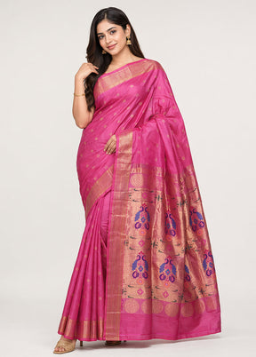 Pink Handloom Kanchipuram Pure Silk Saree With Blouse Piece