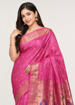 Pink Handloom Kanchipuram Pure Silk Saree With Blouse Piece