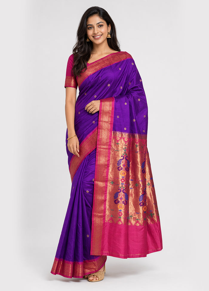 Purple Handloom Kanchipuram Pure Silk Saree With Blouse Piece