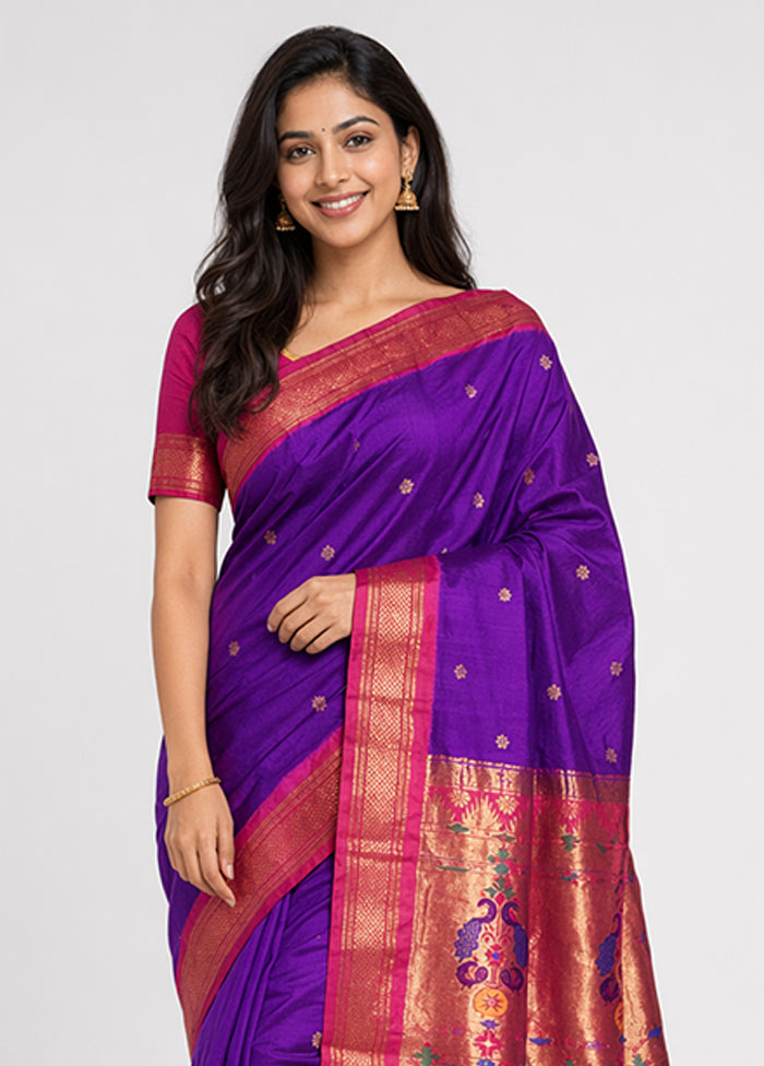 Purple Handloom Kanchipuram Pure Silk Saree With Blouse Piece