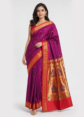 Purple Handloom Kanchipuram Pure Silk Saree With Blouse Piece