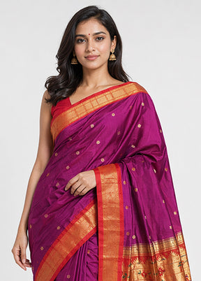 Purple Handloom Kanchipuram Pure Silk Saree With Blouse Piece