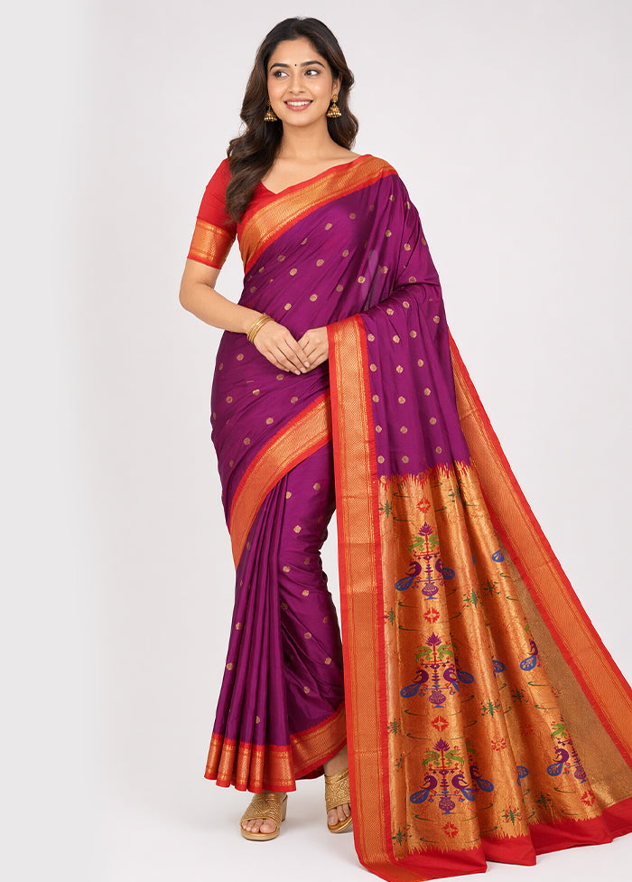 Purple Handloom Kanchipuram Pure Silk Saree With Blouse Piece