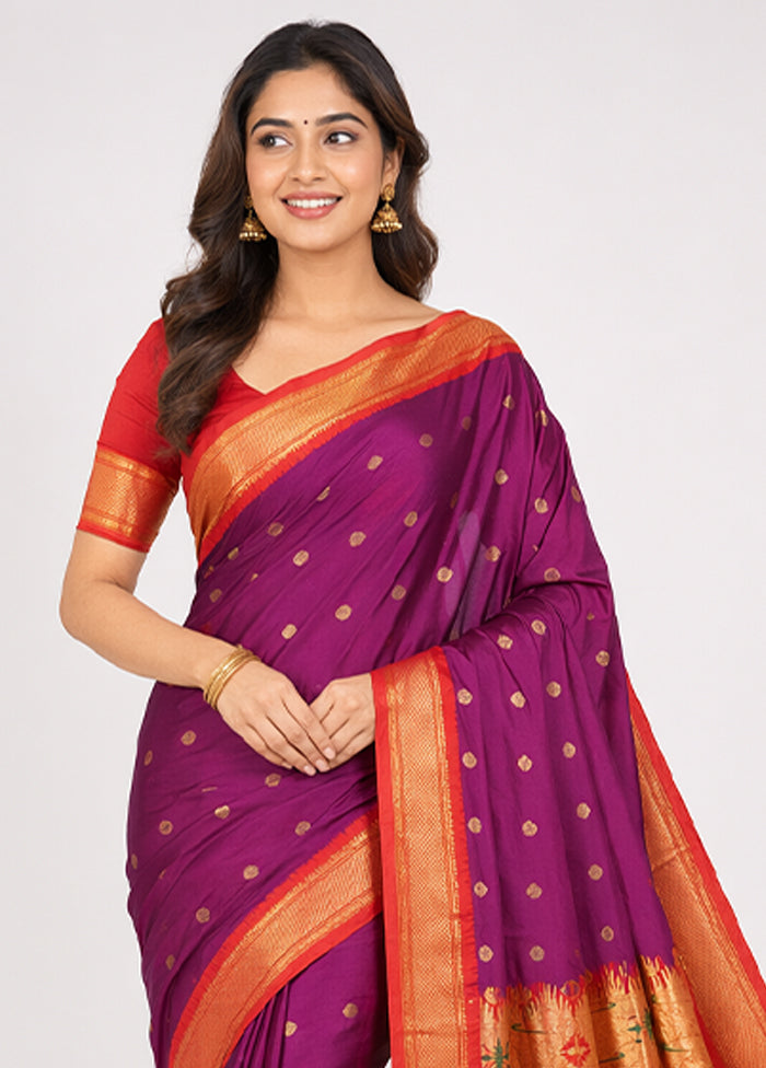 Purple Handloom Kanchipuram Pure Silk Saree With Blouse Piece