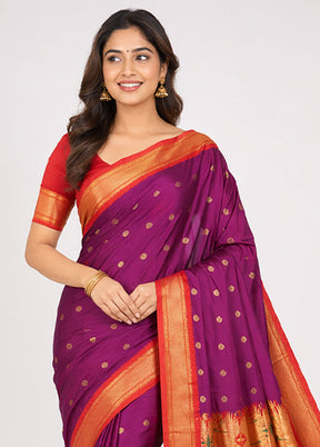 Purple Handloom Kanchipuram Pure Silk Saree With Blouse Piece