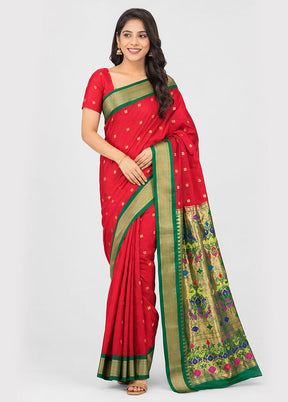 Red Handloom Kanchipuram Pure Silk Saree With Blouse Piece