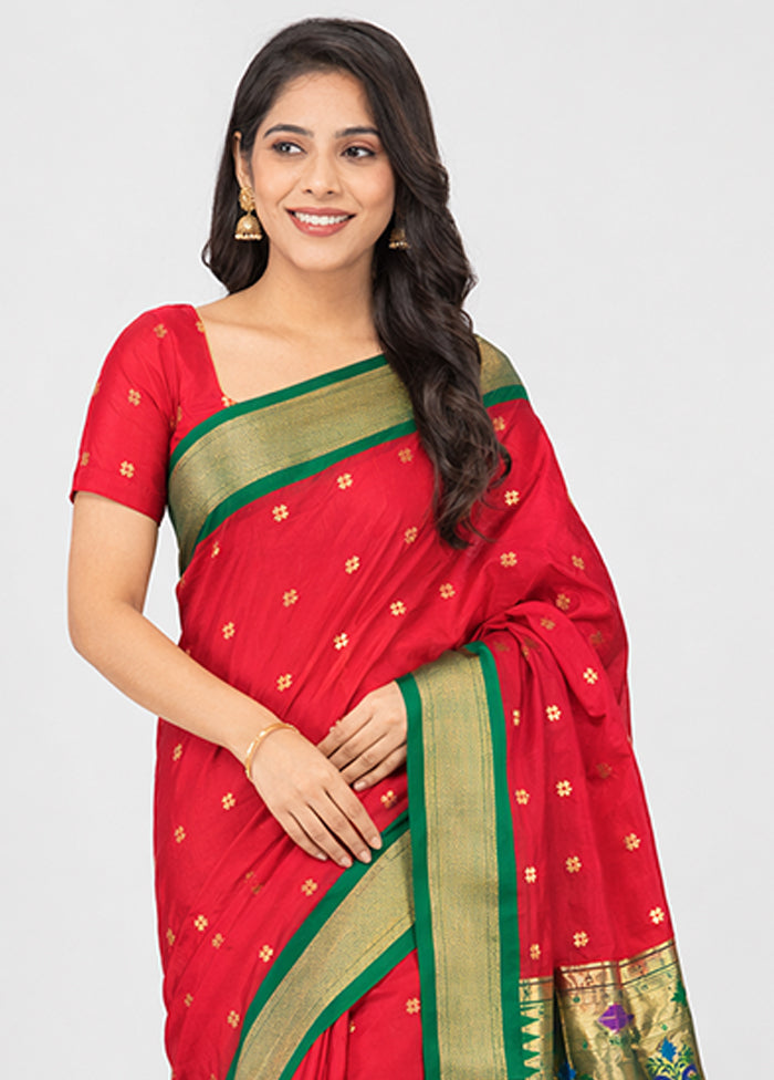 Red Handloom Kanchipuram Pure Silk Saree With Blouse Piece