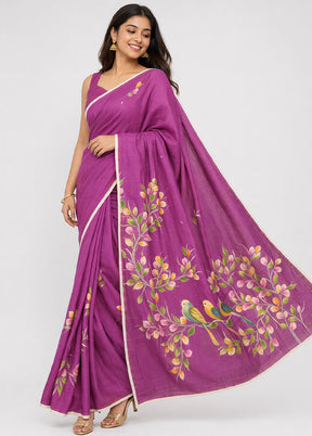 Purple Printed Pure Silk Saree Without Blouse Piece