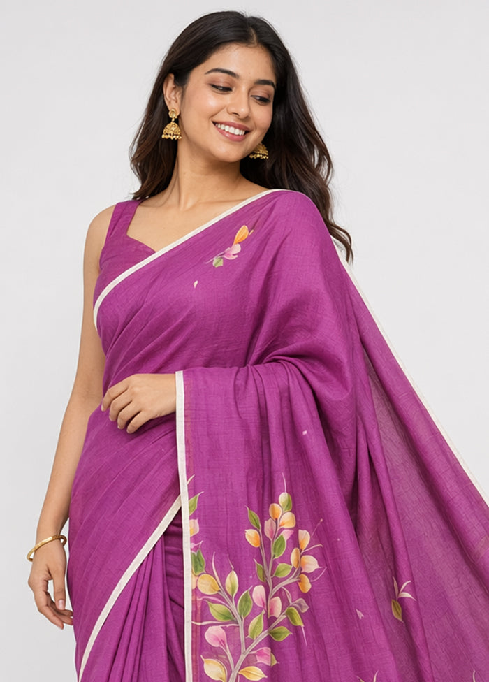 Purple Printed Pure Silk Saree Without Blouse Piece