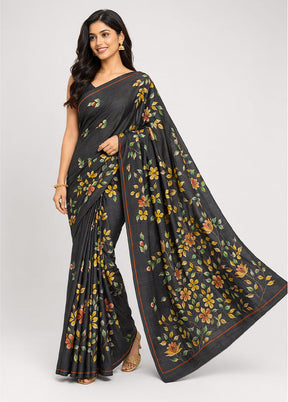 Black Printed Pure Silk Saree Without Blouse Piece