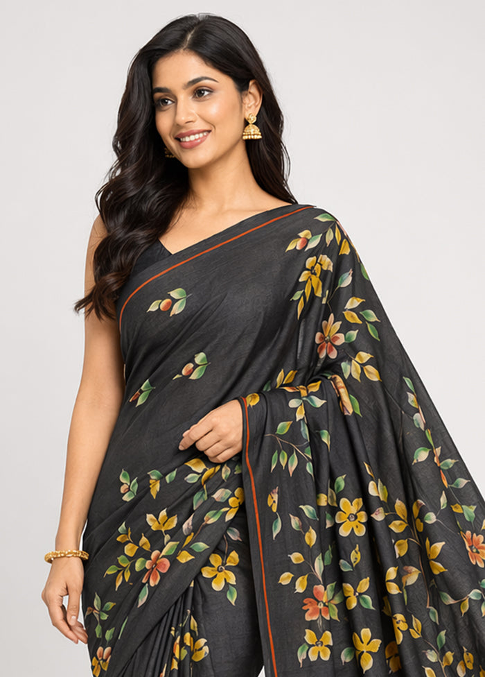 Black Printed Pure Silk Saree Without Blouse Piece