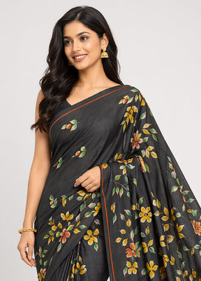 Black Printed Pure Silk Saree Without Blouse Piece