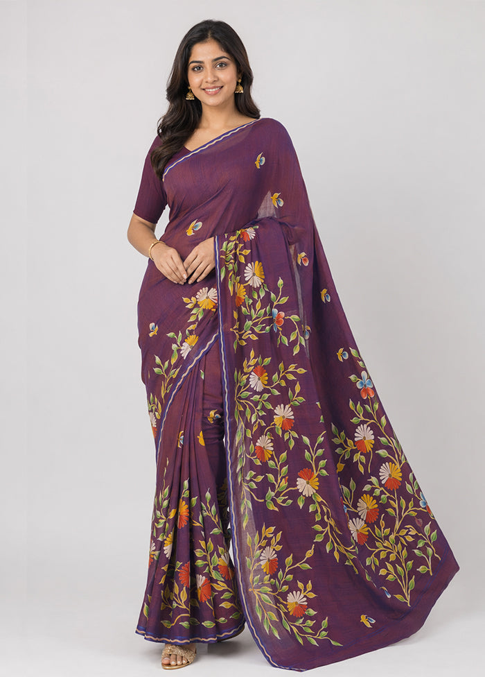 Purple Printed Pure Silk Saree Without Blouse Piece