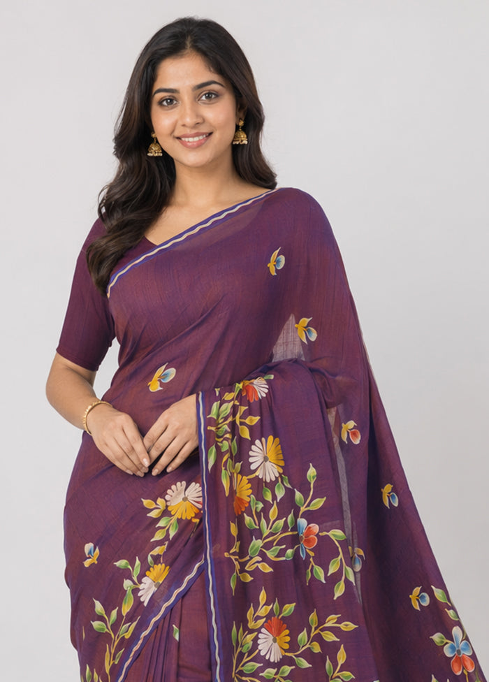 Purple Printed Pure Silk Saree Without Blouse Piece