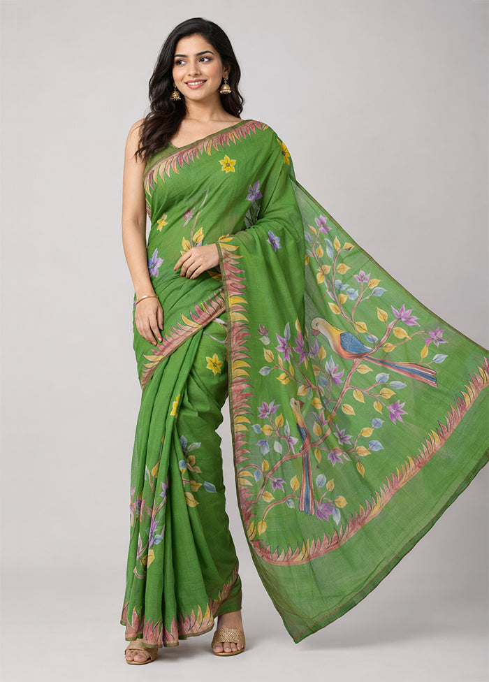 Green Printed Pure Silk Saree Without Blouse Piece