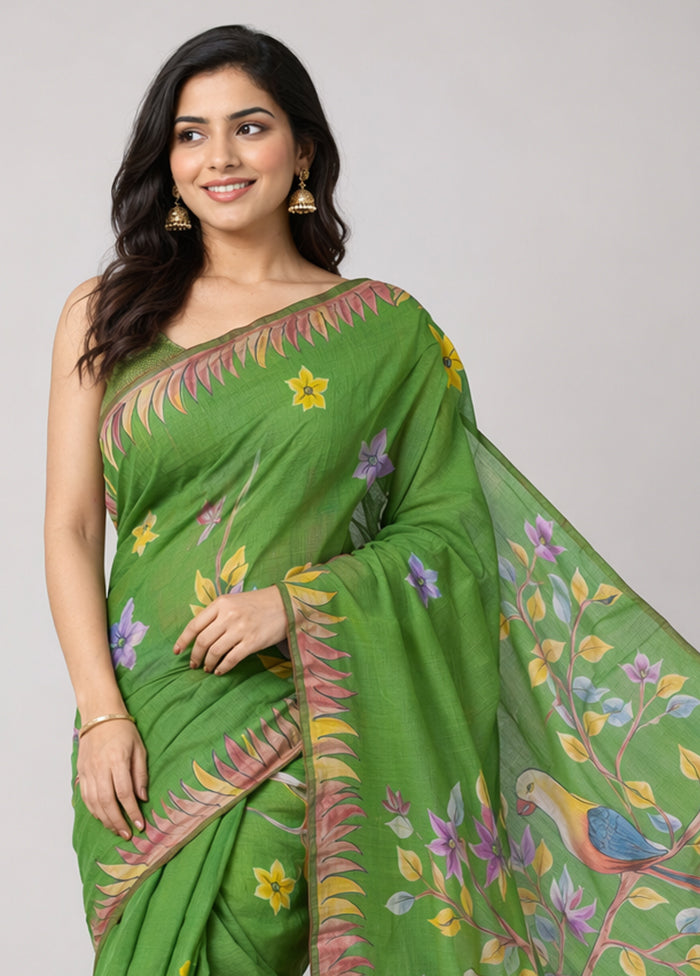 Green Printed Pure Silk Saree Without Blouse Piece