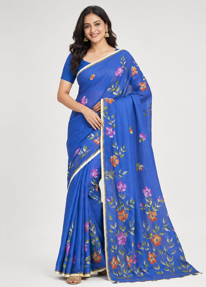 Blue Printed Pure Silk Saree Without Blouse Piece
