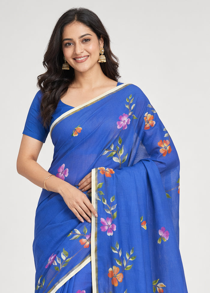 Blue Printed Pure Silk Saree Without Blouse Piece