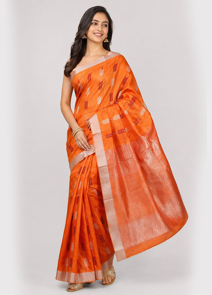 Orange Handloom Chanderi Pure Silk Saree With Blouse Piece