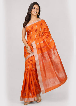 Orange Handloom Chanderi Pure Silk Saree With Blouse Piece